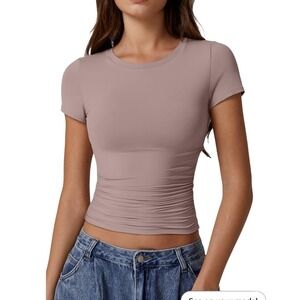 QINSEN Womens Rose Taupe Double Layer Short Sleeve Slim Fit Crew Neck T-Shirt M